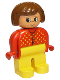 Minifig No: 4555pb008  Name: Duplo Figure, Female, Yellow Legs, Red Sweater with Yellow V Stitching, Brown Hair, Turned Up Nose