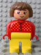 Minifig No: 4555pb008b  Name: Duplo Figure, Female, Yellow Legs, Red Sweater with Yellow V Stitching, Brown Hair, Turned Down Nose