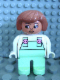 Minifig No: 4555pb009  Name: Duplo Figure, Female, Light Green Legs, White Top with Light Green Overalls with Pink Buttons, Fabuland Brown Hair