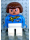 Minifig No: 4555pb010  Name: Duplo Figure, Female, White Legs, Blue Top with Scarf and Jet Airplane, Brown Hair, Turned Down Nose (Flight Attendant)