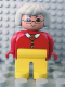 Minifig No: 4555pb011  Name: Duplo Figure, Female, Yellow Legs, Red Blouse with White Collar, Light Gray Hair, Glasses, Grin