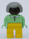 Minifig No: 4555pb012  Name: Duplo Figure, Female, Yellow Legs, Light Green Top with Heart Buttons, Gray Hair, Brown Head