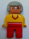 Minifig No: 4555pb013a  Name: Duplo Figure, Female, Red Legs, Yellow Top with Red Necklace, Light Gray Hair, Glasses