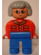 Minifig No: 4555pb015  Name: Duplo Figure, Female, Blue Legs, Red Jacket, Light Gray Hair, Glasses