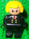 Minifig No: 4555pb019  Name: Duplo Figure, Female, Black Legs, Red Tie and Black Suit, Yellow Hair