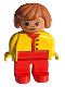 Minifig No: 4555pb020  Name: Duplo Figure, Female, Red Legs, Yellow Top Unbuttoned with Red Buttons, Fabuland Brown Hair