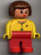 Minifig No: 4555pb022  Name: Duplo Figure, Female, Red Legs, Yellow Blouse with Red Buttons, Brown Hair