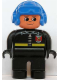 Minifig No: 4555pb044  Name: Duplo Figure, Male Fireman, Black Legs, Black Top with Fire Logo and Zipper, Blue Aviator Helmet