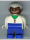Minifig No: 4555pb048  Name: Duplo Figure, Male, Blue Legs, White Two Button Cardigan, Gray Hair, Brown Head