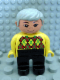 Minifig No: 4555pb050  Name: Duplo Figure, Male, Black Legs, Yellow Argyle Sweater, Light Gray Hair, Grin