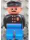Minifig No: 4555pb058  Name: Duplo Figure, Male Police, Blue Legs, Black Top with Gold Badge, Black Hat, Turned Up Nose and Round Eyes