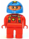 Minifig No: 4555pb065  Name: Duplo Figure, Male, Red Legs, Red Top with Cat Eye Racer Logo, Blue Helmet