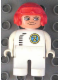 Minifig No: 4555pb069  Name: Duplo Figure, Male, White Legs, White Top with Black Zipper and Racer #2, Red Aviator Helmet