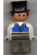 Minifig No: 4555pb074  Name: Duplo Figure, Male, Dark Gray Legs, White Top with Blue Vest with Pocket and Two Buttons, Black Top Hat