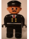 Minifig No: 4555pb075  Name: Duplo Figure, Male, Black Legs, Black Top with 4 Yellow Buttons and Red Tie, Black Hat, Curly Moustache (Train Engineer)