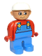 Minifig No: 4555pb076  Name: Duplo Figure, Male, Blue Legs, Red Top with Blue Overalls, Construction Hat White, Turned Up Nose