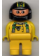 Minifig No: 4555pb083  Name: Duplo Figure, Male, Yellow Legs, Yellow Top with Green Racer Suspenders, Black Helmet with Stripes and Bear Pattern