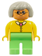 Minifig No: 4555pb084  Name: Duplo Figure, Female, Medium Green Legs, Yellow Blouse with Collar, Gray Hair, Glasses