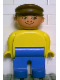 Minifig No: 4555pb086a  Name: Duplo Figure, Male, Blue Legs, Yellow Top, Brown Cap, no White in Eyes Pattern