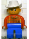 Minifig No: 4555pb087  Name: Duplo Figure, Male, Blue Legs, Red Top Plaid, White Cowboy Hat