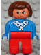 Minifig No: 4555pb089  Name: Duplo Figure, Female, Red Legs, Blue Blouse with White Lace Trim, Brown Hair
