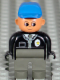 Minifig No: 4555pb090  Name: Duplo Figure, Male Police, Dark Gray Legs, Black Top with Zipper, Tie and Badge, Blue Cap
