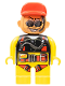Minifig No: 4555pb091  Name: Duplo Figure, Male Action Wheeler, Yellow Legs, Yellow Top with Yellow/Black/Red Parachute, Red Cap, Beard, Sunglasses and Headphone