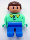Minifig No: 4555pb098  Name: Duplo Figure, Male, Blue Legs, Medium Green Top with Blue Buttons, Brown Hair