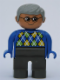 Minifig No: 4555pb111  Name: Duplo Figure, Male, Dark Gray Legs, Blue Argyle Sweater, Gray Hair, Glasses