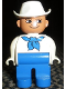 Minifig No: 4555pb113a  Name: Duplo Figure, Male, Blue Legs, White Top with Blue Bandana, White Cowboy Hat, White in Eyes