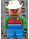 Minifig No: 4555pb118  Name: Duplo Figure, Male, Blue Legs, Green Top with Red Vest with Sheriff Star, Moustache, White Cowboy Hat