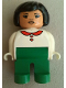 Minifig No: 4555pb119  Name: Duplo Figure, Female, Green Legs, White Blouse with Red Heart Buttons and Collar, Black Hair, Lips