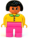 Minifig No: 4555pb127  Name: Duplo Figure, Female, Dark Pink Legs, Yellow Top with Dark Pink Buttons & Medium Green Collar, Black Hair