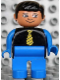 Minifig No: 4555pb131  Name: Duplo Figure, Male, Blue Legs, Black Top with Yellow Tie, Blue Arms, Black Hair, White in Eyes