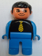 Minifig No: 4555pb131a  Name: Duplo Figure, Male, Blue Legs, Black Top with Yellow Tie, Blue Arms, Black Hair