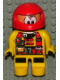 Minifig No: 4555pb138  Name: Duplo Figure, Male Action Wheeler, Yellow Legs, Yellow Top with Racer Pattern, Red Racing Helmet