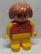 Minifig No: 4555pb142b  Name: Duplo Figure, Female, Yellow Legs, Red Top With Yellow Polka Dot Scarf, Yellow Arms, Earth Orange Hair, with Nose, with White in Eyes Pattern