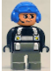 Minifig No: 4555pb147  Name: Duplo Figure, Male Police, Dark Gray Legs, Black Top with Silver Harness and Yellow Stars, Headset, Blue Aviator Helmet