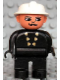 Minifig No: 4555pb156  Name: Duplo Figure, Male Fireman, Black Legs, Black Top with 6 Gold Buttons, White Fire Helmet, Moustache