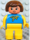 Minifig No: 4555pb160  Name: Duplo Figure, Female, Yellow Legs, Blue Top with Yellow and Blue Polka Dot Scarf, Yellow Arms, Brown Hair