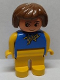 Minifig No: 4555pb160a  Name: Duplo Figure, Female, Yellow Legs, Blue Top With Yellow and Blue Polka Dot Scarf, Yellow Arms, Brown Hair, no Nose, no White in Eyes Pattern