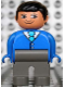 Minifig No: 4555pb172  Name: Duplo Figure, Male, Dark Gray Legs, Blue Top With 2 Buttons And Tie, Black Hair