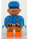 Minifig No: 4555pb178  Name: Duplo Figure, Male Action Wheeler, Orange Legs with Belt, Blue Top with Pen, Chain, Radio, and Wrench, Blue Cap