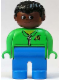 Minifig No: 4555pb179  Name: Duplo Figure, Male, Blue Legs, Green Zippered Jacket, Black Curly Hair, Brown Head