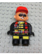 Minifig No: 4555pb182  Name: Duplo Figure, Male Action Wheeler, Black Legs with Yellow Patches, Red Straps, Sunglasses, Red Cap