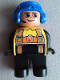 Minifig No: 4555pb198  Name: Duplo Figure, Male Fireman, Black Legs, Yellow Top with Flame and Orange Suspenders, Blue Aviator Helmet