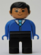 Minifig No: 4555pb200  Name: Duplo Figure, Male, Black Legs, Blue Top with Buttons and Tie, Black Hair, Grin