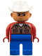 Minifig No: 4555pb202  Name: Duplo Figure, Male, Blue Legs, Red Top with Dark Tan Zipper Vest, White Cowboy Hat