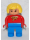 Minifig No: 4555pb203  Name: Duplo Figure, Female, Blue Legs, Red Top with Yellow and Red Polka Dot Scarf, Yellow Hair, without Nose