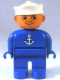 Minifig No: 4555pb204  Name: Duplo Figure, Male, Blue Legs, Blue Top with White Anchor, White Sailor Hat, no White in Eyes Pattern